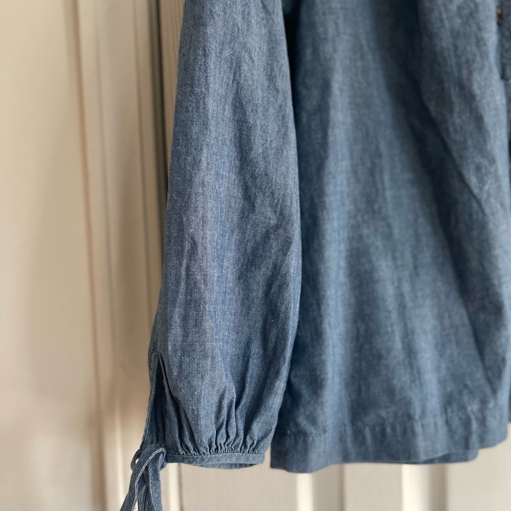 J. Crew Blue Button-Front Peasant Blouse with Tie Neck - Picture 2 of 6